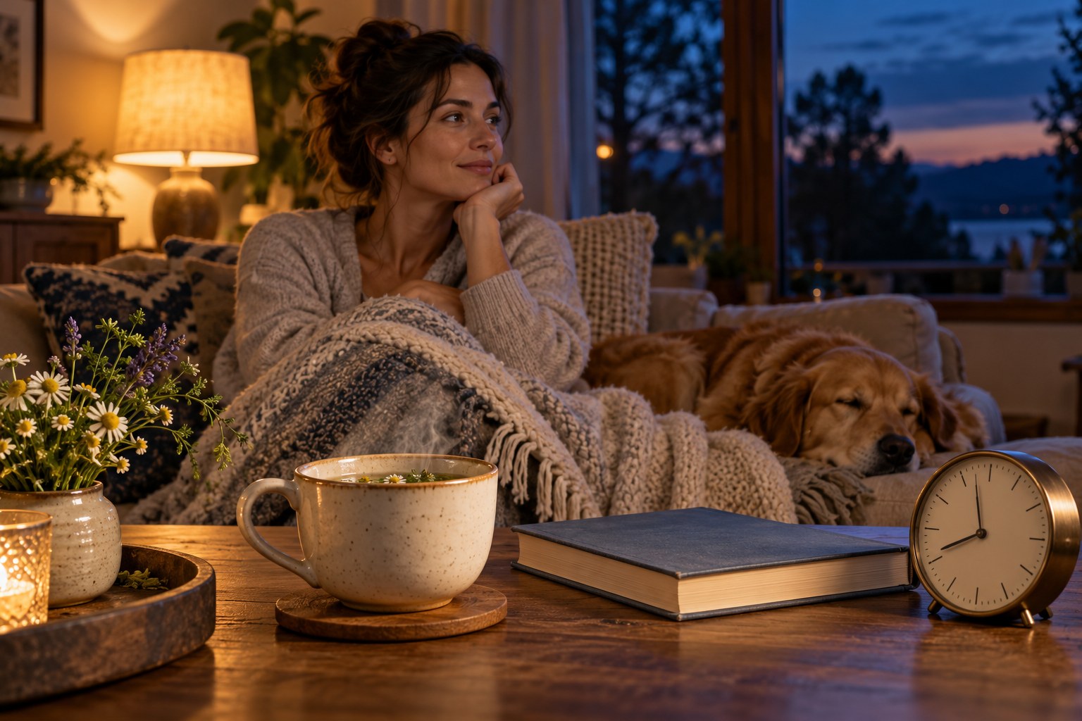 A cup of herbal tea beside a closed book and clock in an evening living room