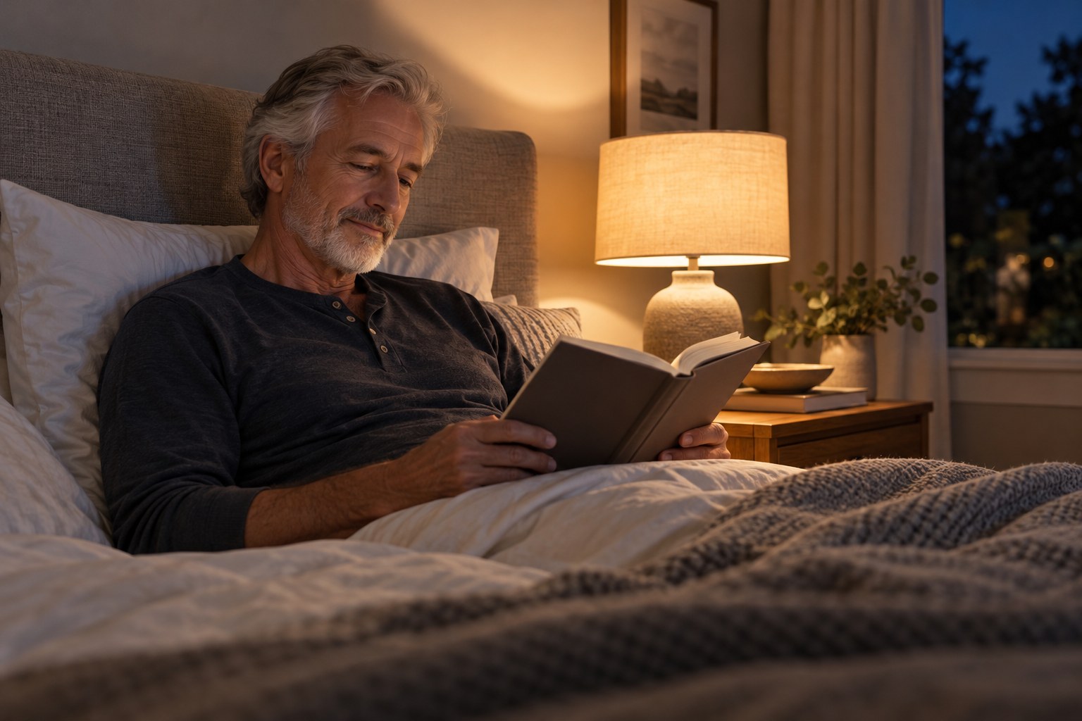 An older adult reading beside a bedside lamp