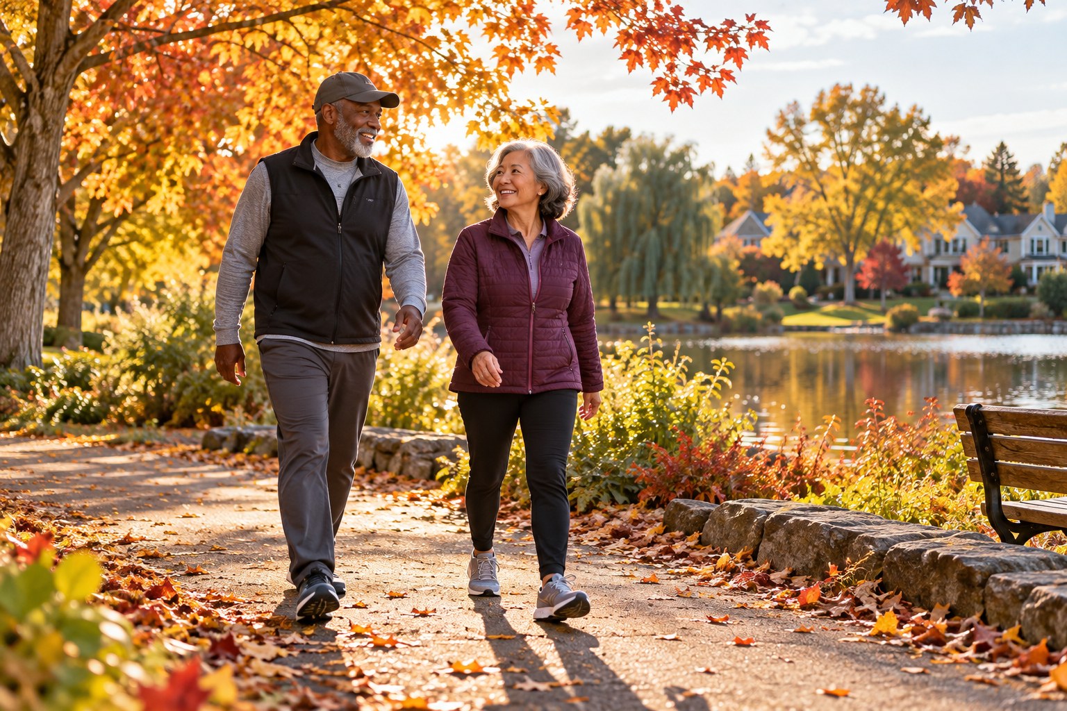 Older adults walking together on an autumn park path