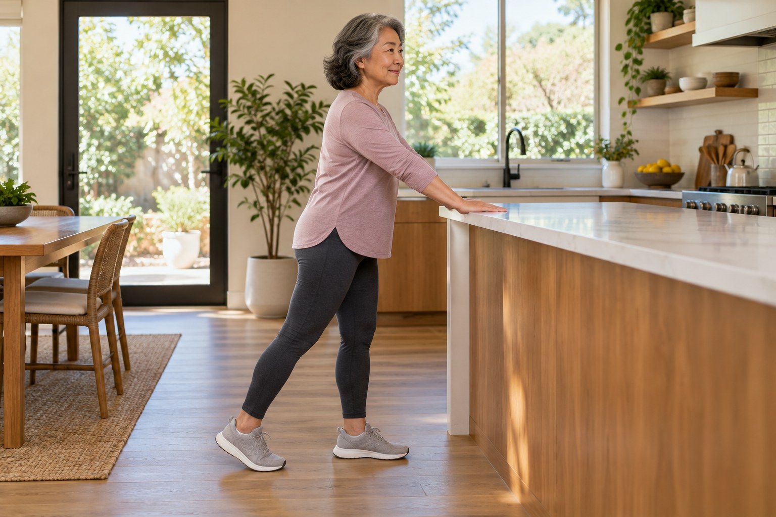 An older adult practicing a supported weight shift at a kitchen counter
