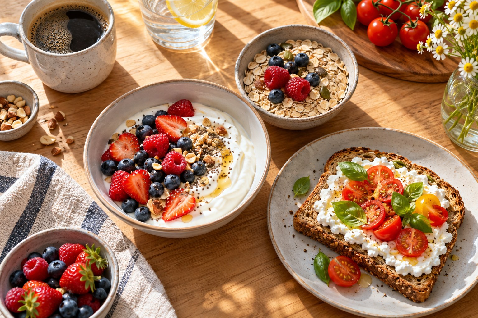 Yogurt, oats and cottage cheese toast at a sunny breakfast table