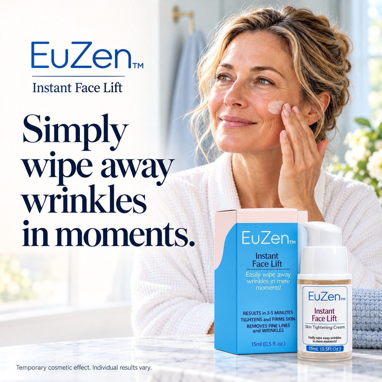 Woman applying cream beside EuZen Instant Face Lift. Simply wipe away wrinkles in moments.