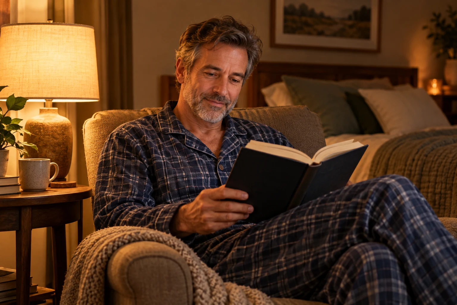 A man reading a book as part of his evening wind-down