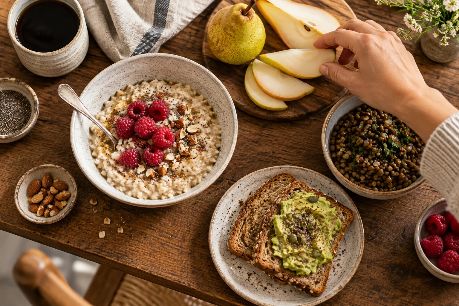 Fiber-rich oatmeal, pear, lentils and whole grain toast