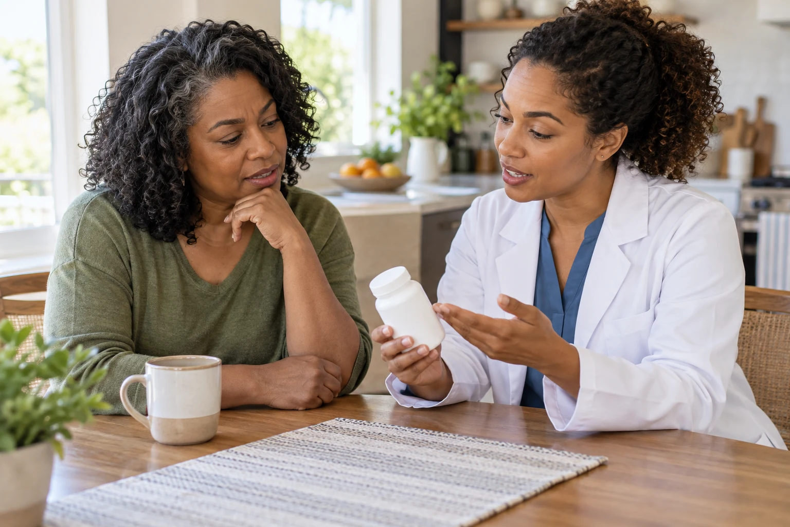 A woman discussing a supplement with a healthcare professional