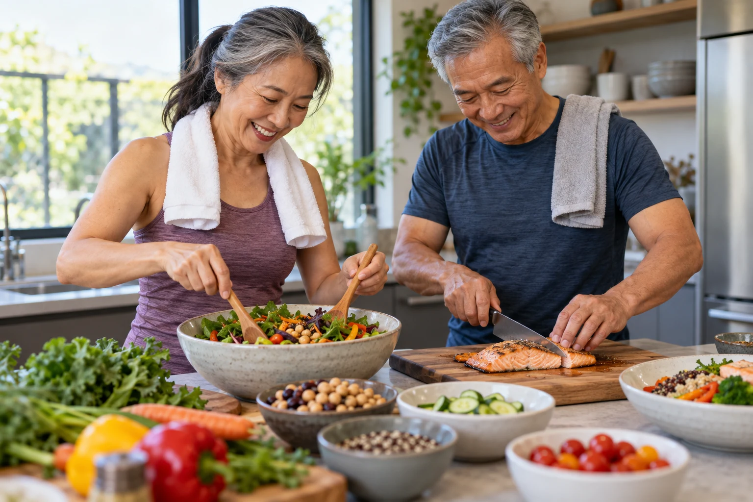 An older couple preparing a balanced lunch after exercise