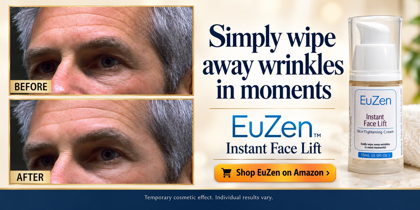 EuZen Instant Face Lift before-and-after promotion, man, ivory and gold design