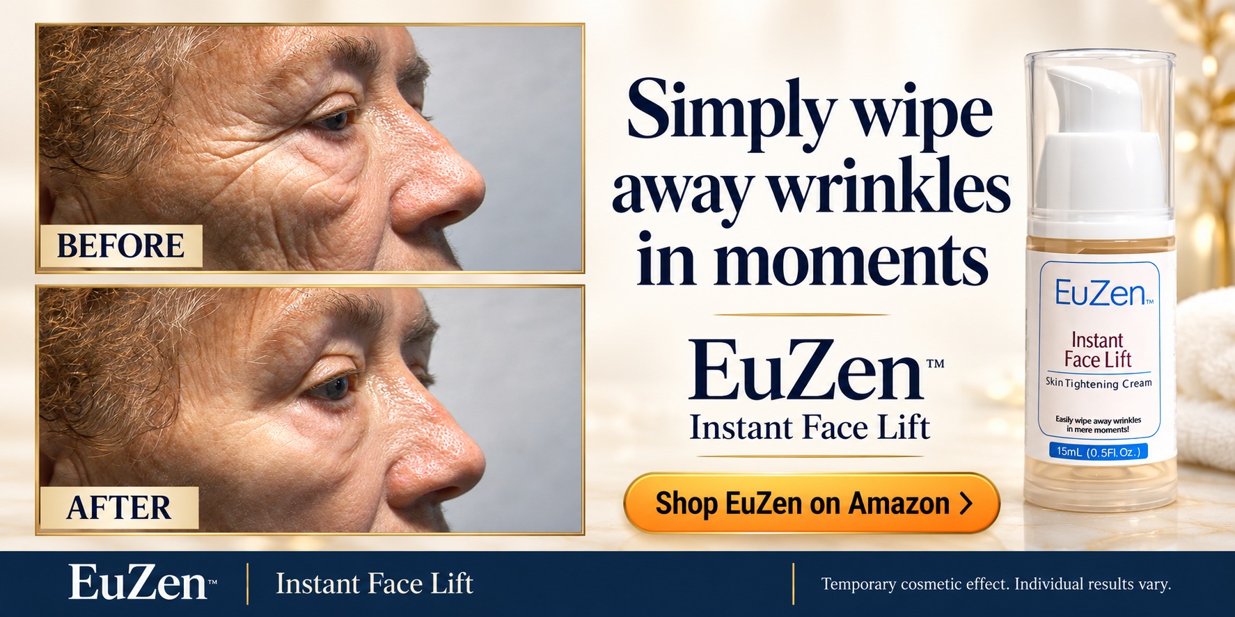 EuZen Instant Face Lift before-and-after promotion, woman 73, ivory and gold design