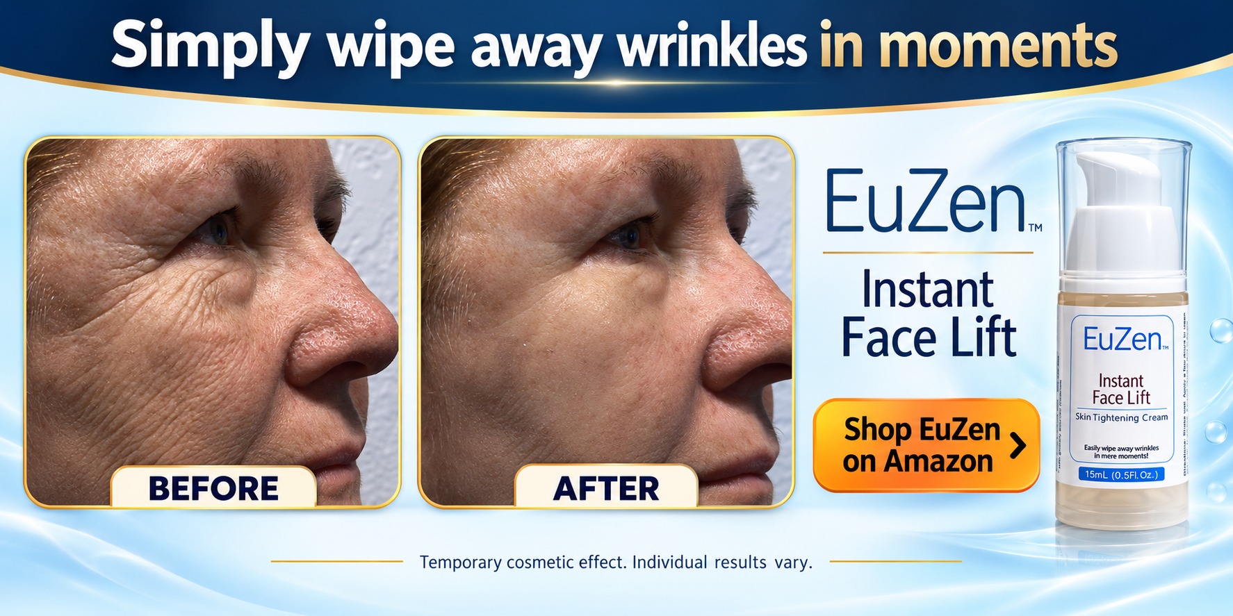 EuZen Instant Face Lift before-and-after promotion, woman 62, fresh blue design